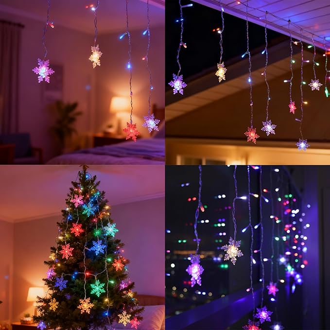 Vigdur Snowflake Christmas Curtain Lights, 13FT 96 LEDs Snowflake String Lights with Remote & 8 Flashing Modes Christmas String Lights for Holiday Wedding Party Home Decorations