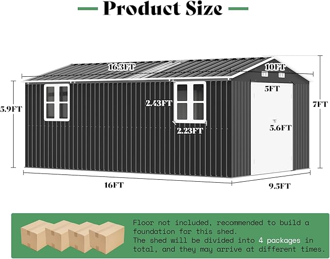 AMERLIFE 10x16x7.2 FT Metal Storage Shed with 2 Transparent Panels, Outdoor Tool Shed with Hinged Double Doors, Windows & Vents, Reinforced Steel Frame for Backyard Garden, DIY Workshop, Dark Gray