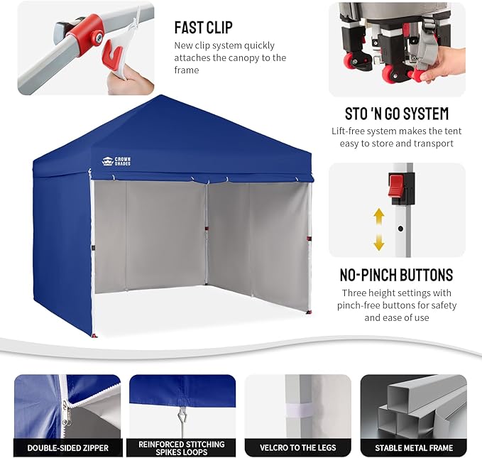 CROWN SHADES 10X10 Comercial Instant Canopy Pop Up Tent with Center Lock (10x10 with 4 Sidewalls, Navy Blue)