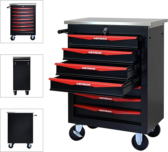 RYH 4/5/6/7 Drawers Rolling Tool Chest -Heavy Duty Mobile Metal Tool Box with Locking Wheels, with Stainless Steel Worktop, Garage Tool Storage Cabinet (Black, 7-Drawers 30.7 H¡¿22.2 W)