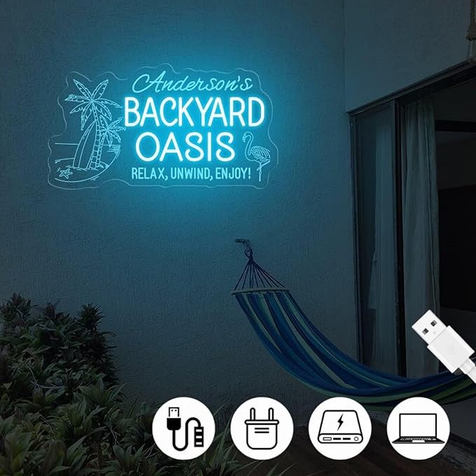 Personalized Backyard Oasis Outdoor Neon Sign - Custom Color Decor for Yard & Party, Dimmable USB - Powered LED Sign