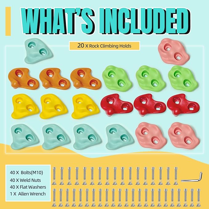 20 PCS Large Rock Climbing Holds for Kids, Extra Large Climbing Rock Wall Grips, Adult Rock Wall Holds Rock Wall Climbing Kit with Hardware for Indoor and Outdoor Climbing Wall Holds£¨Pastel Color£©