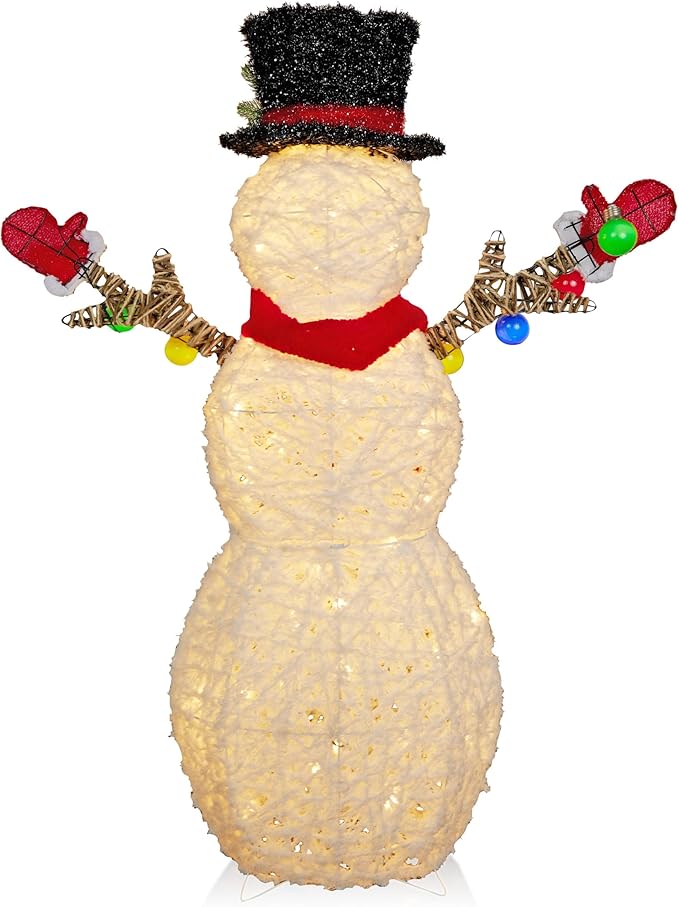 Alpine Corporation CHT972, White Mesh Fabric 3D Snowman Holding Christmas Lights with 60 Warm White LED Lights - Large 4 Feet Tall Indoor/Outdoor Holiday Décor, Christmas Decoration