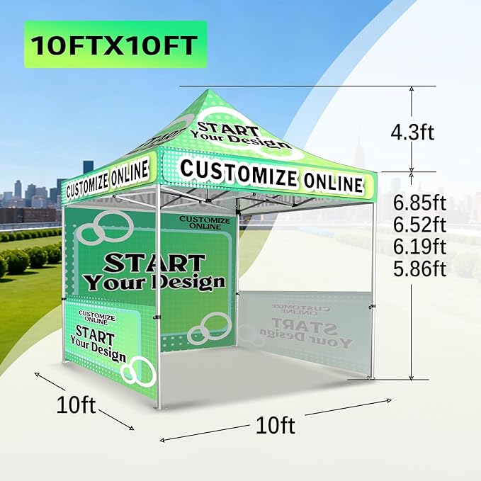 10x10FT Custom Pop Up Canopy Tent with Logo Personalized Trade Show & Event Heavy Duty Aluminum Folding Tent for Outdoor Markets, Business Branding Advertising (Top Canopy + 3 Full Walls)