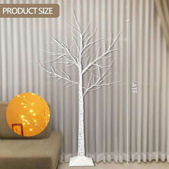 1-Pack 4FT Lighted Birch Trees (Higher Size & Floor Standing), 48 LED Twinkling Birch Christmas Tree Lights for Indoor & Outdoor, 2 Modes Warm White Tree Lights for Christmas Thanksgiving Home Decor