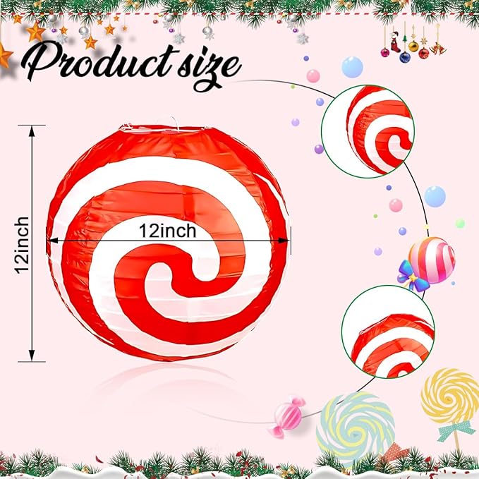 12 PCS Peppermint Christmas Paper Lanterns 12 Inch Round Red Green Xmas Hanging Paper Lanterns Set Candy Canes Lantern Party Decorations for Xmas Indoor Outdoor