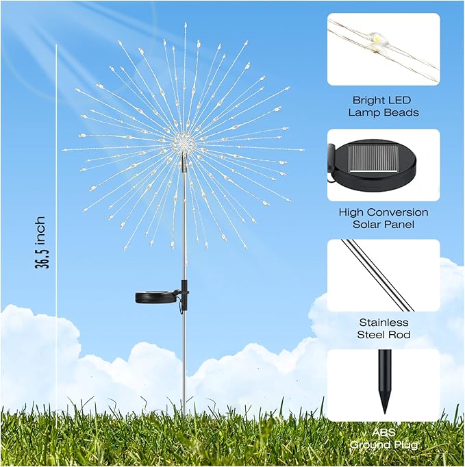 2 Pack Garden Decoration Solar Outdoor Light with 300 LEDs, Waterproof Solar Firework Lights 8 Lighting Modes, Suitable for Outdoor, Yard, Pathway ， Landscape Decoration （Warm White）