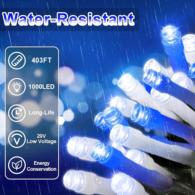 403 FT 1000 LED Christmas Lights Outdoor Decorations Super Long Fairy Lights Waterproof 8 Modes Timer Clear Wire String Lights for Outside House Tree Patio Yard Wedding Party Holiday-Blue&White