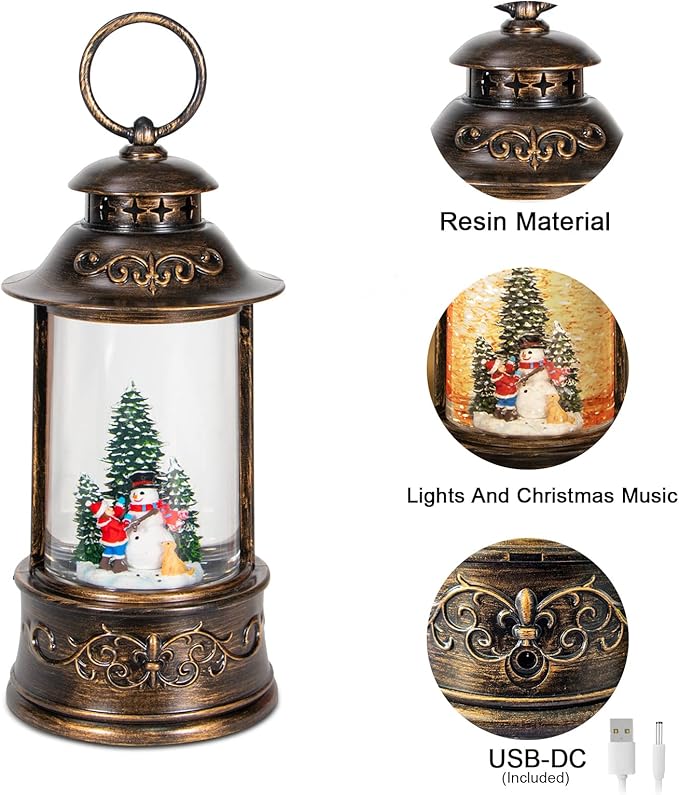 Christmas Snow Globes, Glittering Snowman Christmas Tree Christmas Lantern with 8 Christmas Music Songs, USB & Battery Operated 6h Timer Christmas Music Box for Christmas Decor Indoor Tabletop Gifts