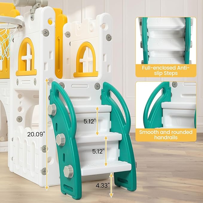 8-in-1 Toddler Slide and Climber Playset for Kids Ages 1-3, Indoor/Outdoor Playground with Basketball Hoop, Tunnel, Telescope, Steering Wheel & Storage, Orange-Green, American Standard