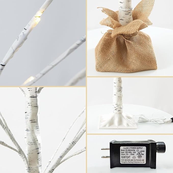 Outdoor Christmas Decoration Lighted Birch Tree, 3 Packs LED Prelit Light up Tree with Burlap Decor, Warm White, Power Supply by Adaptor, Xmas New Year Indoor&Outdoor Decor(4FT&5FT&6FT)