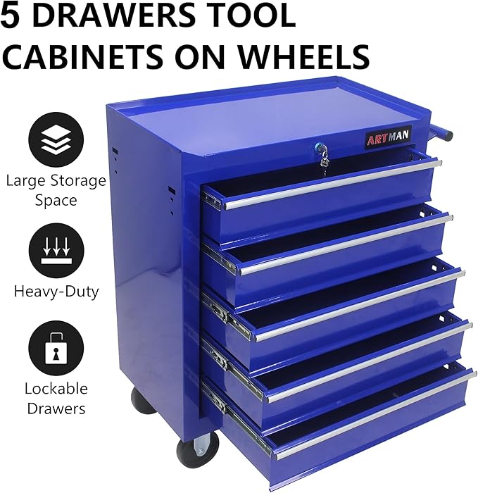RYH 5 Drawers Rolling Tool Chest & Tool Box on Wheels | Heavy Duty Metal Cart with Ball Bearing Drawers | Fits US General Tool Box for Garage Storage (Blue, 5 Drawers£¨29.9 H ¡¿ 24.2 W ¡¿ 12.9 D)