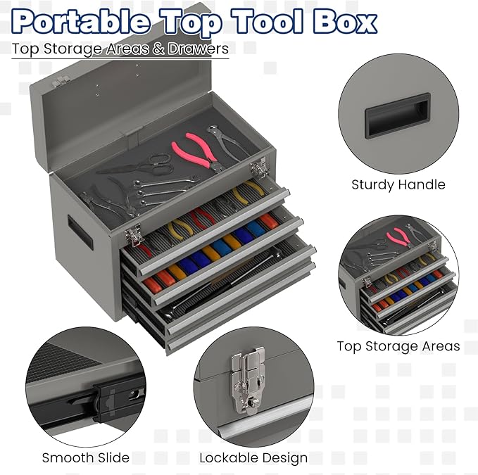 Rolling Tool Box with Wheels, 5-Drawer High Capacity Tool Chest with Wheels, Removable Storage Toolbox with Lock for Garage, Workshop (Grey)