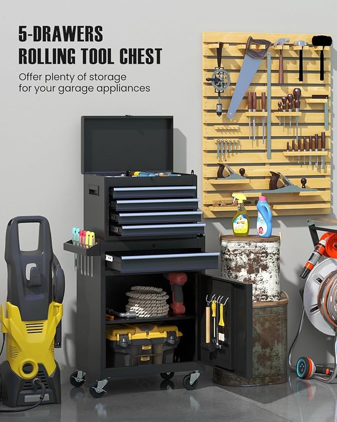 ARNOT 2-in-1 Rolling Tool Chest with 5 Drawers, Heavy-Duty Metal Tool Box with Wheels, Detachable Top Tool Box & Rolling Tool Cabinet for Garage, DIY (5-Drawers, Black)