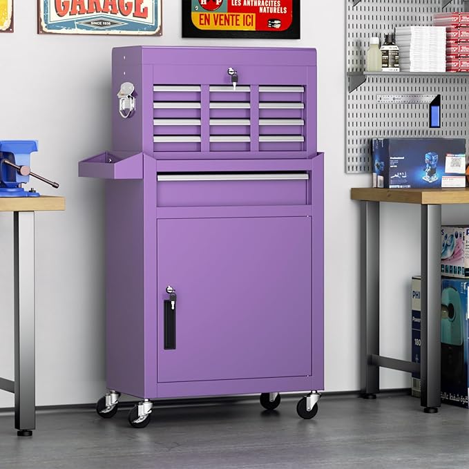 Crownland 5-Drawer Rolling Tool Chest with Wheels, Lockable 2 in 1 Detachable Tool Cabinet wit Drawers and Black Liners, Garage Top Toolbox & Bottom Storage Cart with Side Hooks(Purple)