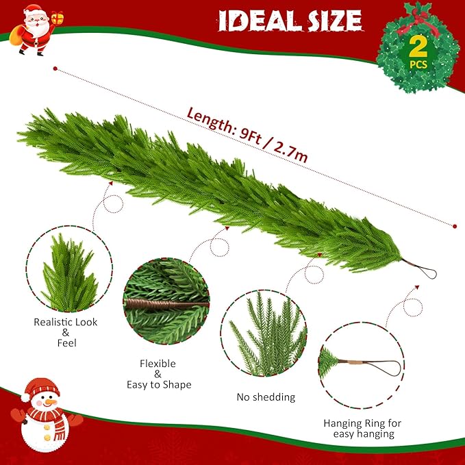 2-Pack Christmas Garland 9FT Artificial Norfolk Pine Garlands Realistic Greenery Faux Pine Garland Real Touch Christmas Decorations Indoor Outdoor for Mantel/Table/Stairs/Wall/Windows Holiday Decor