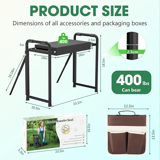 Heavy Duty Garden Kneeler and Seat for Elderly, 400lbs Capacity Foldable Gardening Stool with Support Legs & Thick Pad, Includes Large Tool Organizer Bag, Black