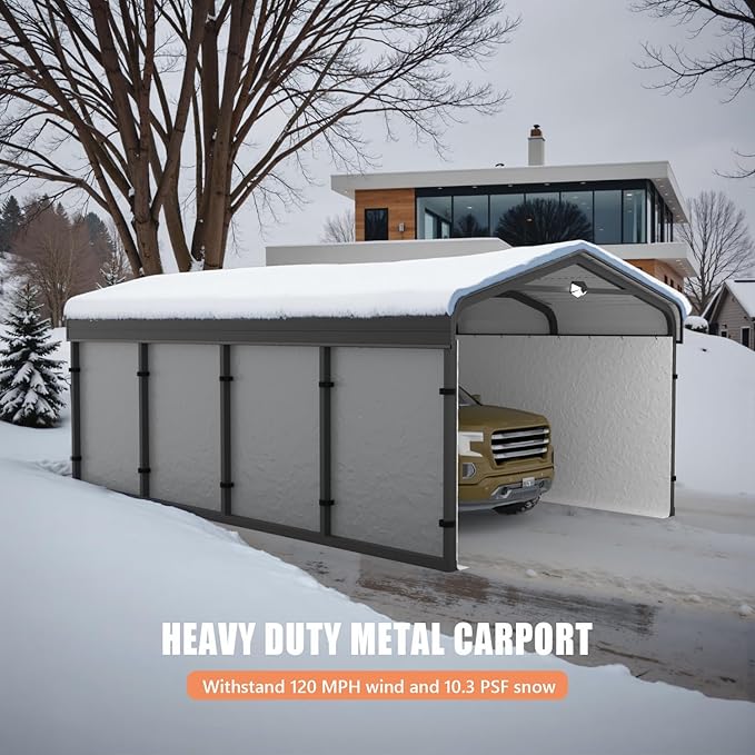 12x20 Metal Carport, Galvanized Steel Roof Car Port with Remvoable Polyethylene Sidewalls