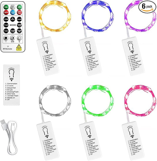 ZSJWL 6 Pack Rechargeable Fairy Lights with Remote & DIY Timer, 7Ft 20LED Mini Battery String Light, Twinkle Silver Copper Wire Lights for Wedding Party Bedroom Christmas Table Decoration (Multicolor)