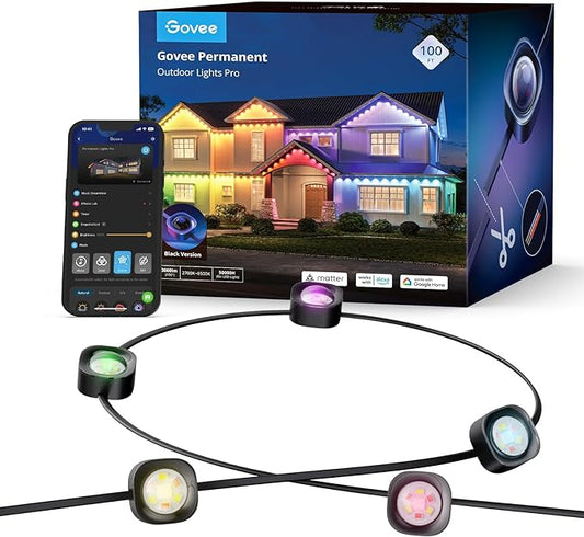 Govee Permanent Outdoor Lights Pro, 100ft with 60 RGBIC LED Lights for Daily and Accent Lighting, 75 Scene Modes for Outdoor Decor, IP67 Waterproof, Works with Alexa, Google Assistant, Matter, Black