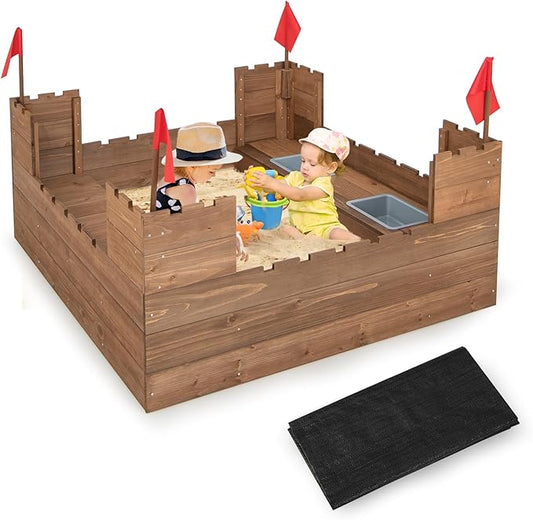 Costzon Kids Sandbox, Cedar Wood 45 x 45 Sand Pit w/Built-in Bench Seats, Storage Boxes, Flags & Protective Bottom Liner, Outdoor Sand Box for Kids Age 3+ for Backyard Garden Beach