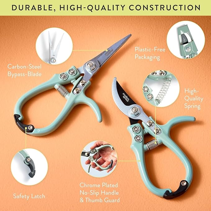 Modern Sprout Hand Pruners & Shears Set with Blister Pack - Lightweight Gardening Tools with Easy Lock - Sharp Carbon Steel Blades -Rust Resistant Scissors for Herbs, Flowers - Lavender
