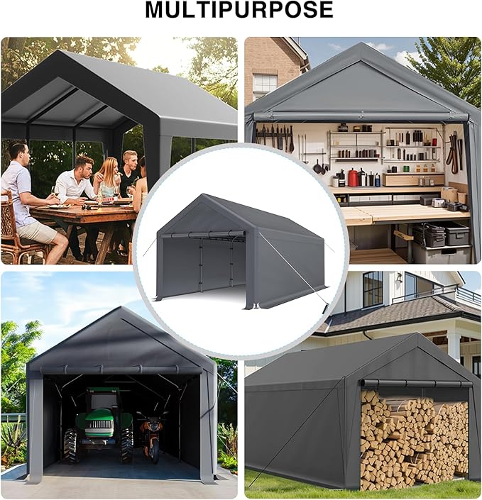10x20 ft Heavy Duty Carport, Carports Garage with Removable Sidewalls and Reinforced Structure, Outdoor Car Canopy Tent Shelter for Vehicle and Boat (Gray)