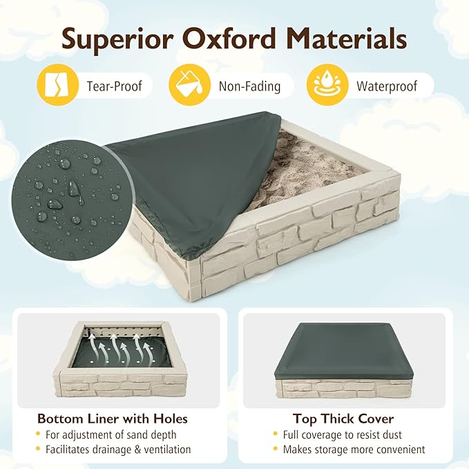 Costzon Kids Sandbox with Cover, 47x 47 HDPE Sand Box w/Oxford Cover, Bottom Liner, Reinforced Structure, Weather Resistant Outdoor Sand Pit for Backyard Lawn Garden Beach (Oxide White)