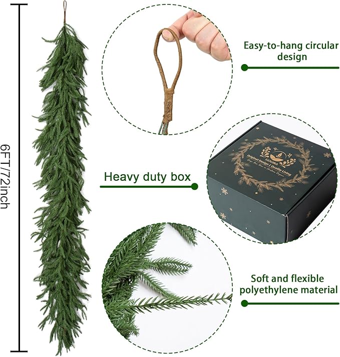 2 PCS 6FT Norfolk Pine Garland Realistic - 72" Thick Deluxe Faux Christmas Greenery Garland Artificial Green Winter Pine Garlands for Mantle Staircase Table Indoor Outdoor Holiday Decoration