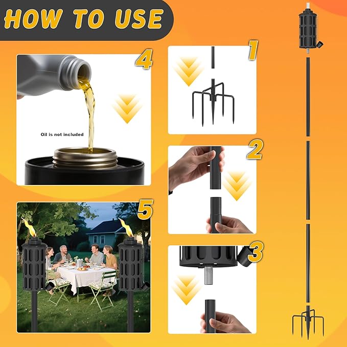 4 Pcs Citronella Torches for Outside,16oz Outdoor Metal Garden Torches,60" Garden Décor Torch with 5-Prong Grounded Stake,Flam Torch Light for Backyard Patio Pathway