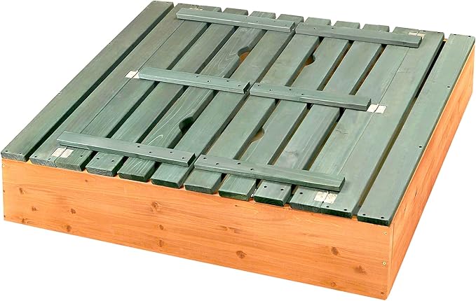 Badger Basket Wooden Sandbox with Lid & Benches - Large Outdoor Sandbox for Kids Made of Cedar - Foldable Cover, Seating & Backyard Playset - Natural/Green