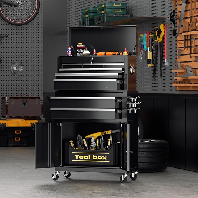 Superday Metal Tool Chest, 8 Drawer Rolling Tool Chest with Wheels, Detachable Tool Storage Cabinet with Lock for Garage, Assembled Steel Tool Cart with Liner & Hooks for Workshop, Warehouse (Black)