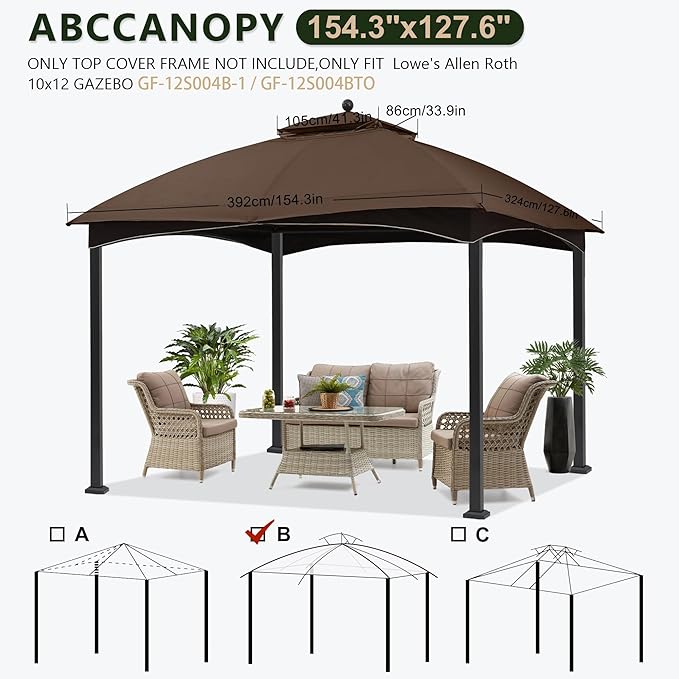 ABCCANOPY Gazebo Replacement Canopy Top for Lowe's Allen Roth #GF-12S004B-1, New Brown