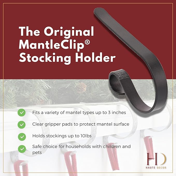 Haute Decor The Original MantleClip Stocking Holder- 4 Pack (Matte Black) - Hang Christmas Stockings Safely and Securely from Mantels Up to 3 Inches Thick