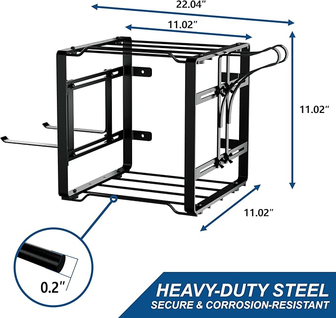 Pugala Universal Storage Rack for Leaf Blower, Weed Eater, and Power Tools ? Adjustable Wall Mount Organizer with Heavy-Duty Steel, Powder-Coated Finish, and Battery Storage ? Black