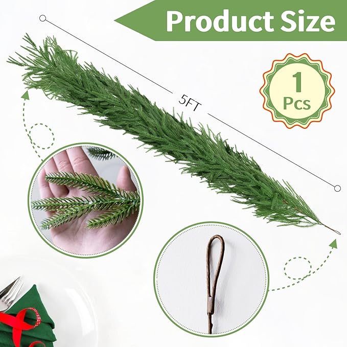 2Pcs 5FT Christmas Garland Artificial Norfolk Pine Garlands Real Touch Winter Green Greenery Garland Christmas Decoration Xmas Garland for Door Table Mantle Wall Indoor Outdoor Christmas Decor