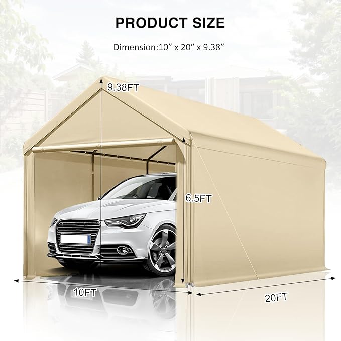 10x20 ft Heavy Duty Carport, Carports Garage with Removable Sidewalls and Reinforced Structure, Outdoor Car Canopy Tent Shelter for Vehicle and Boat (Beige)