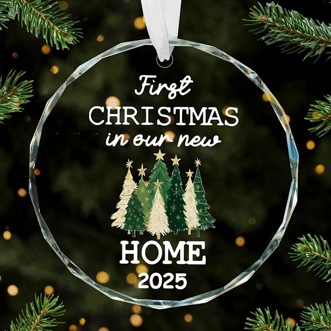 Horaldaily 3.15" Christmas Trees Glass Ornament 2025- First Christmas in Our New Home Round Decor - Xmas Tree, Holiday Presents, Gift Exchange Ideas Hanging Decor for Couple Family Housewarming