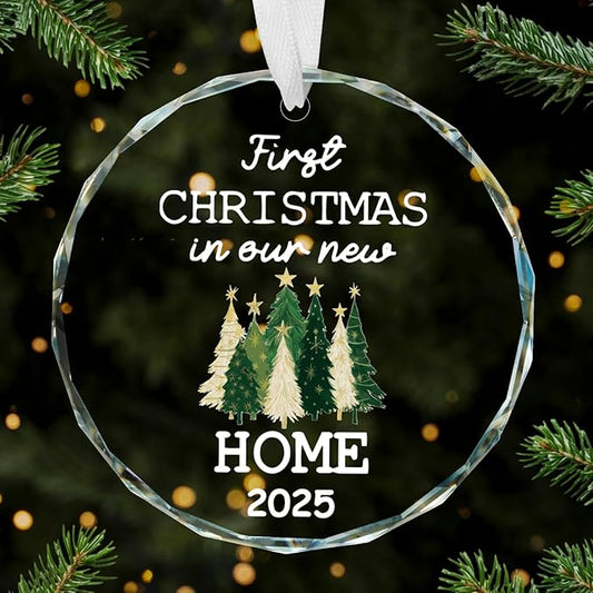 Horaldaily 3.15" Christmas Trees Glass Ornament 2025- First Christmas in Our New Home Round Decor - Xmas Tree, Holiday Presents, Gift Exchange Ideas Hanging Decor for Couple Family Housewarming