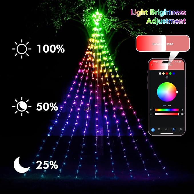 16.4FT Smart RGB Christmas Waterfall Lights with Star, APP & Remote Control, DIY Custom Light Show & Music Sync, Timer, 245 LEDs Color Changing Outdoor Decor for Xmas, Yard, Party