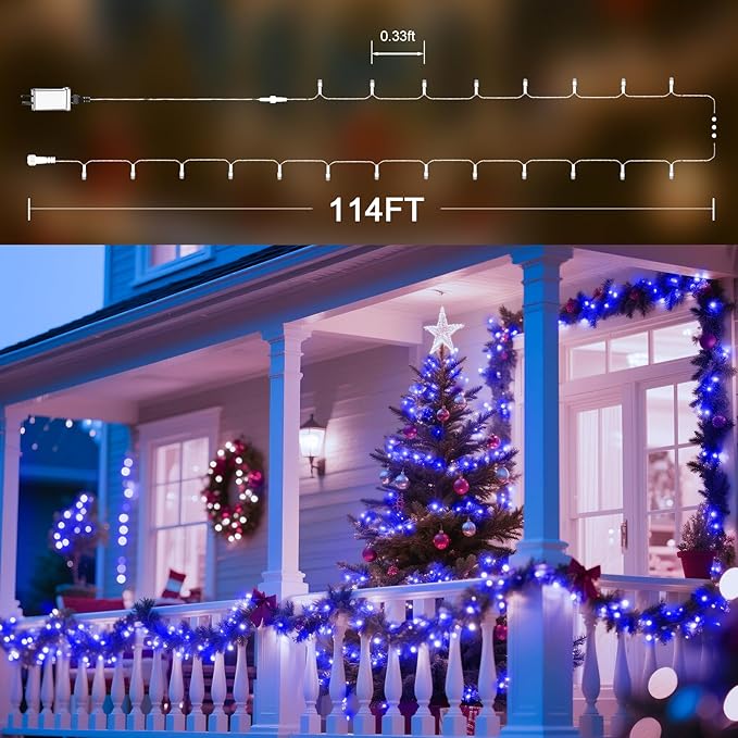 114 FT 350 LED String Lights Outdoor Indoor, Christams String Lights Waterproof 8 Modes & Timer, Fairy Lights Plug in for Bedroom, Weeding, Patio, Party, Holiday,Christmas Decor（Blue）
