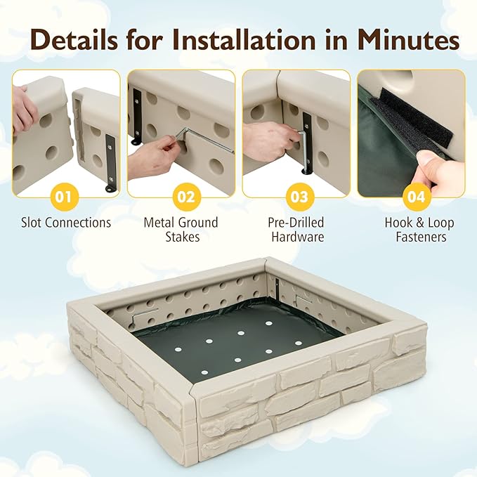 Costzon Kids Sandbox with Cover, 47x 47 HDPE Sand Box w/Oxford Cover, Bottom Liner, Reinforced Structure, Weather Resistant Outdoor Sand Pit for Backyard Lawn Garden Beach (Oxide White)