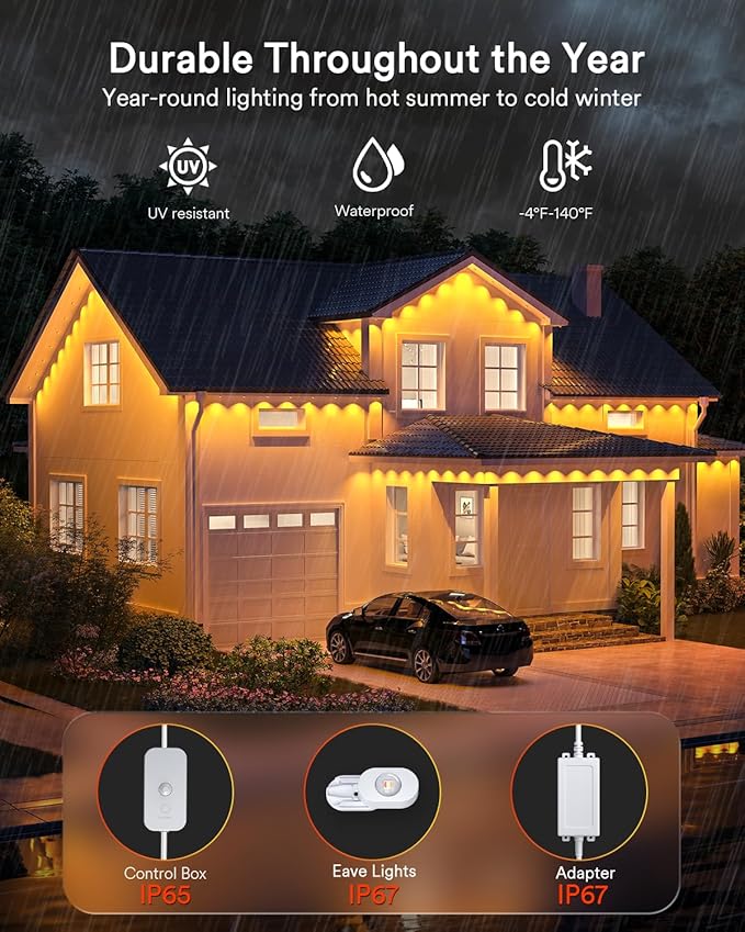 Lumary Permanent Outdoor Lights 2 with Remote, 200ft with 120 RGBAICW LEDs 7200lm for Daily & Accent Lighting, 110+ Scene Modes for Christmas Decor, IP67 Waterproof, Work with Alexa, Google, White