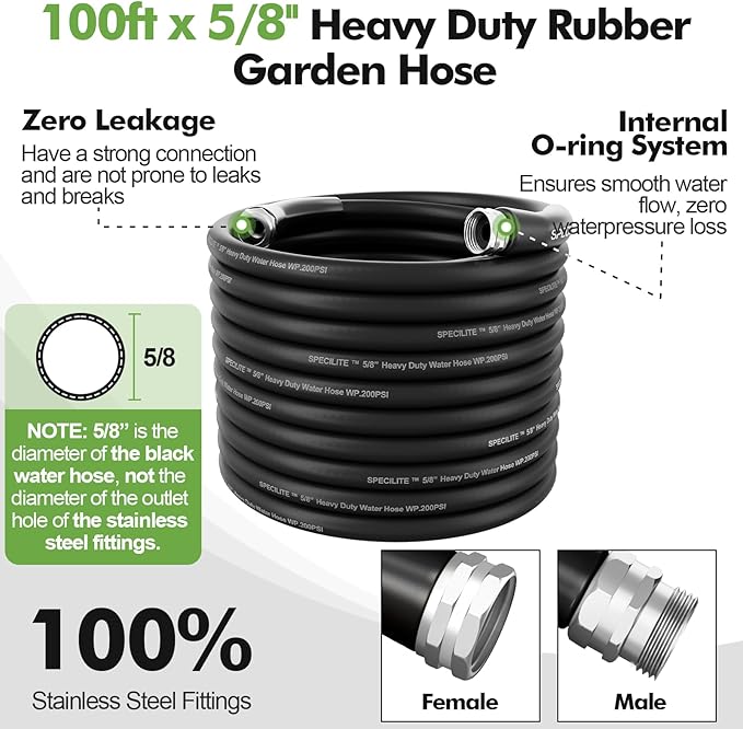 SPECILITE 5/8 Garden Hose 100 ft with High Flow Nozzle, Heavy Duty Flexible Hybrid Rubber Water Hose for Outdoor, Lightweight, Leak-Proof, No-Kink, 3/4Stainless Steel Fittings,Black