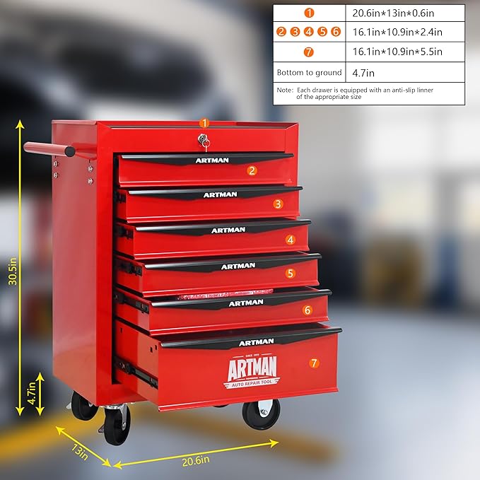 RYH 6 Drawers Rolling Tool Chest - Heavy Duty Mobile Tool Cart with Locking Wheels & Ball Bearing Drawers, 30.5 H x 20.9 W x 13 D Garage Tool Storage Cabinet (Red, 6 Drawers)