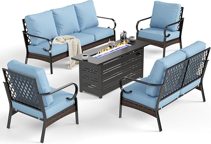6 Piece Black Metal Outdoor Patio Furniture Sets with Firepit Table, Patio Conversation Sets 1 3-Seater Sofa, 4 Single Sofa with 5.75" Extra Cushion Backyard Furniture for Deck, Blue