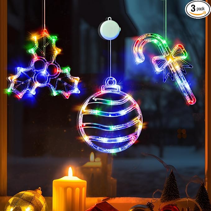 LOLStar Christmas Window Lights, 3 Pack Multicolor Christmas Ball, Holly Berry, Candy Cane LED with Suction Cups, Timer & Slow Fade, Battery Operated(Excluded) Christmas Decorations Light Up for Home