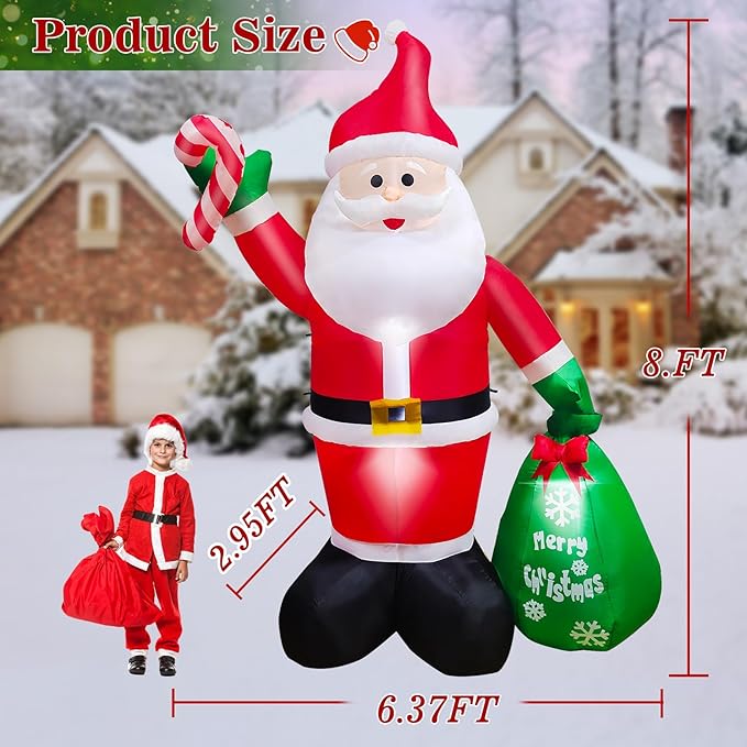 8 FT Christmas Inflatable Santa Claus Outdoor Decorations, Durable Blow Up Santa Claus with Gifts Bag, Built-in LED Light, Xmas Outside Decor for Garden Patio Lawn Home Indoor Winter Holiday Party