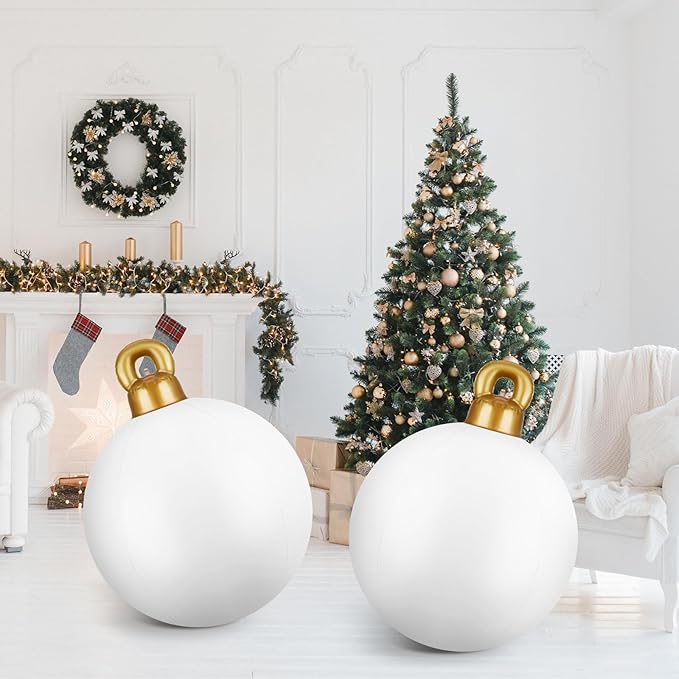 Jetec 4 Pcs Giant Inflatable Christmas Ball Large Xmas Inflatable Ornaments PVC Outdoor Holiday Blow Ball Outside Yard Lawn Porch Decorations (Solid,White)