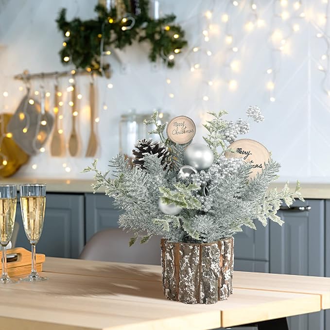 Super Holiday Small Winter Christmas Tree, Artificial Mini Tabletop Christmas Tree Decorations with Christmas Ornaments, for Home Party Thankgivings Christmas Decor, Silver/White-Indoor.